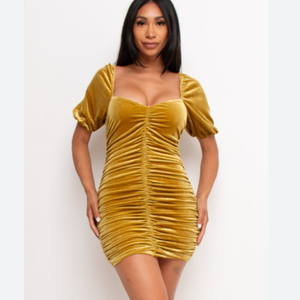 Blue Blush Apricot Lane NWT gold ruched velvet puff sleeve mini dress size L